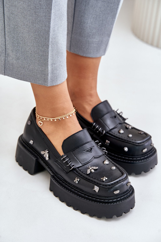 Leather Women's Shoes With Decorations D&A MR880-102 Black Leather Women's Shoes With Decorations D&A MR880-102 Black