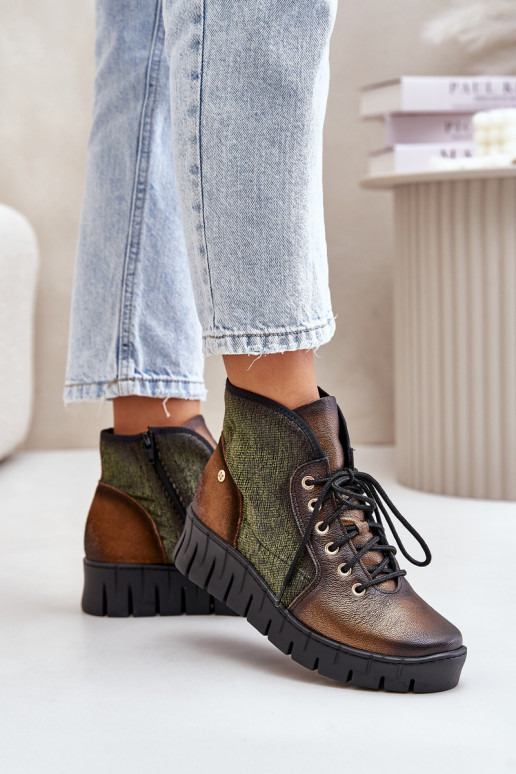 Leather Ankle Boots On Platform And Wedge Maciejka 06702-09 Green-Golden