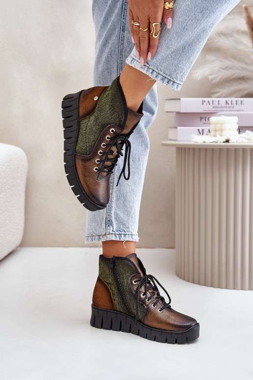 Leather Ankle Boots On Platform And Wedge Maciejka 06702-09 Green-Golden