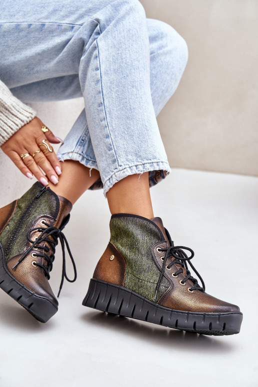 Leather Ankle Boots On Platform And Wedge Maciejka 06702-09 Green-Golden
