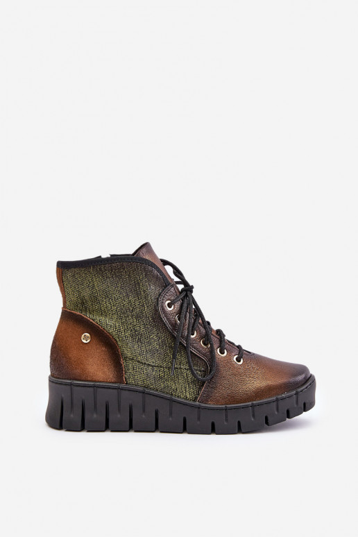 Leather Ankle Boots On Platform And Wedge Maciejka 06702-09 Green-Golden
