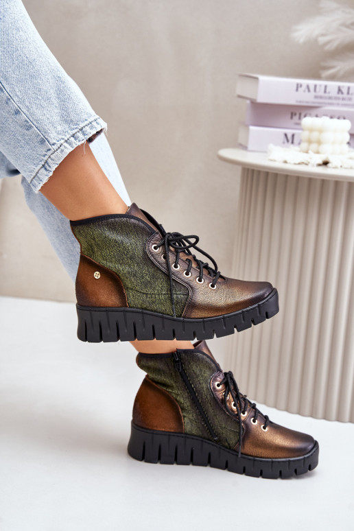 Leather Ankle Boots On Platform And Wedge Maciejka 06702-09 Green-Golden