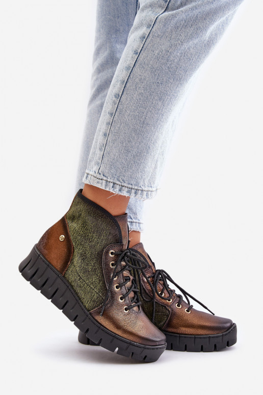 Leather Ankle Boots On Platform And Wedge Maciejka 06702-09 Green-Golden