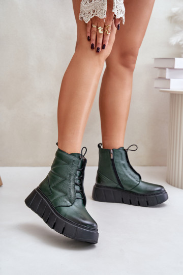 Zazoo 60472 Leather Ankle Boots On Platform And Wedge Dark Green 2