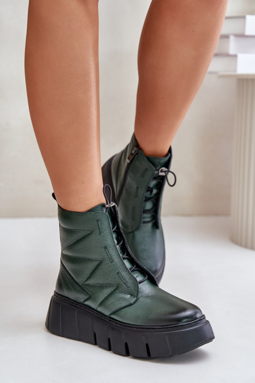 Zazoo 60472 Leather Ankle Boots On Platform And Wedge Dark Green