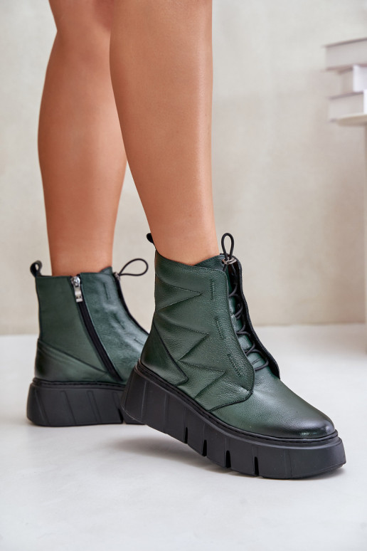 Zazoo 60472 Leather Ankle Boots On Platform And Wedge Dark Green