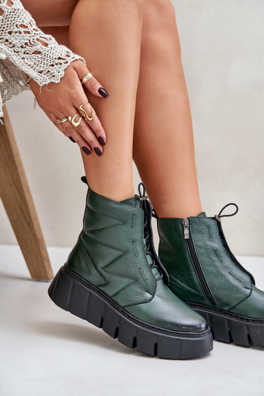 Zazoo 60472 Leather Ankle Boots On Platform And Wedge Dark Green