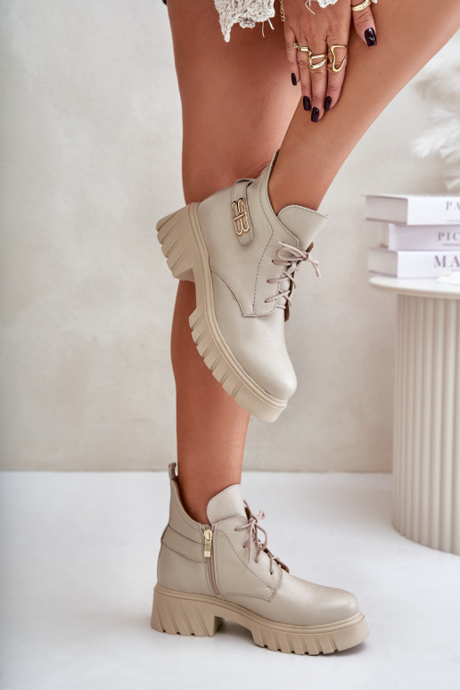 Zazoo 60483 Women's Leather Ankle Boots With Low Shaft Insulated Beige Zazoo 60483 Women's Leather Ankle Boots With Low Shaft Insulated Beige