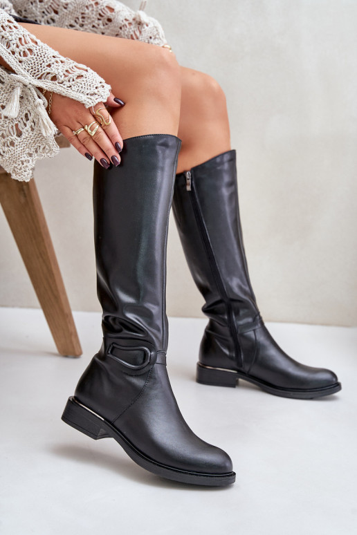 Zazoo 70140 Skórzane Kozaki Damskie Przed Kolano Ocieplane Czarne