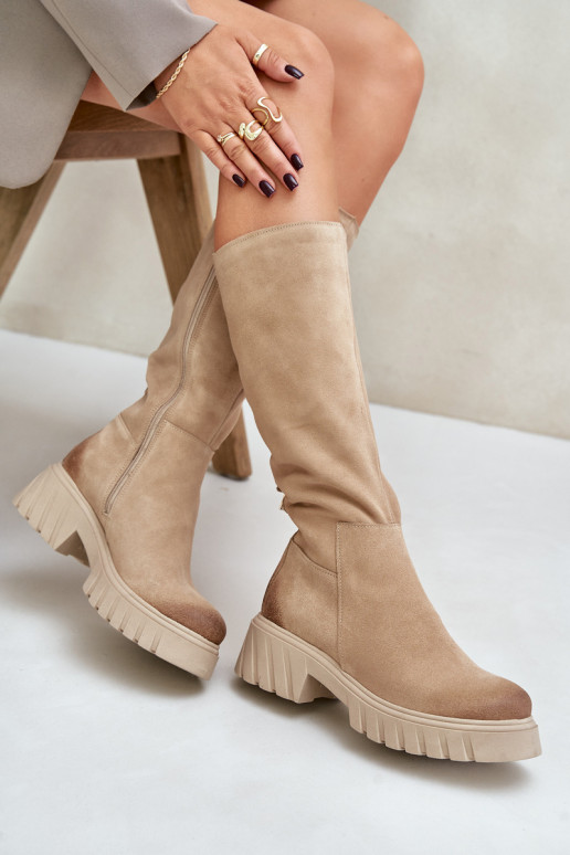 Suede Knee High Boots Insulated Beige Zazoo 70145 Suede Knee High Boots Insulated Beige Zazoo 70145
