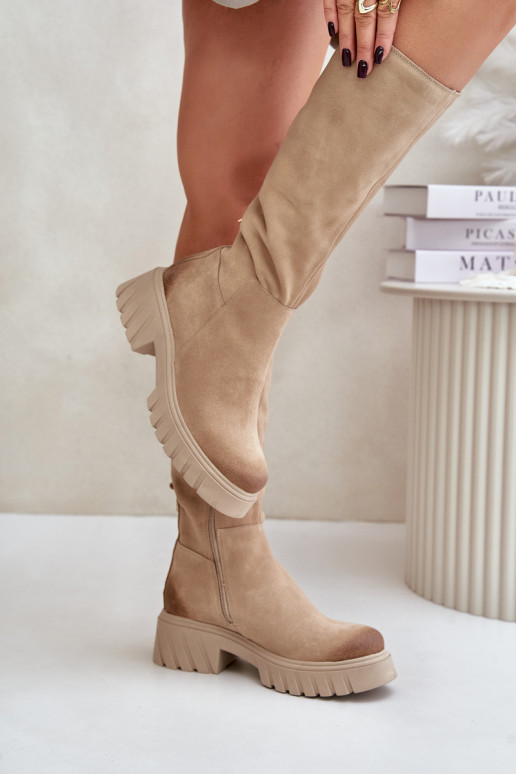 Suede Knee High Boots Insulated Beige Zazoo 70145 Suede Knee High Boots Insulated Beige Zazoo 70145