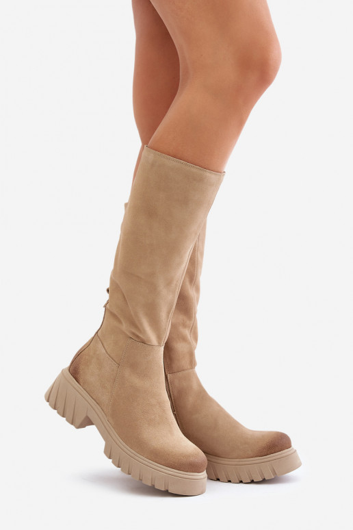 Suede Knee High Boots Insulated Beige Zazoo 70145 Suede Knee High Boots Insulated Beige Zazoo 70145