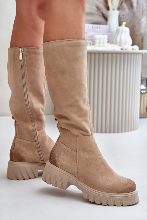 Suede Knee High Boots Insulated Beige Zazoo 70145 Suede Knee High Boots Insulated Beige Zazoo 70145
