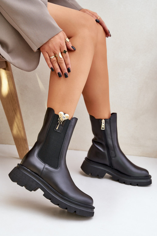 Skórzane Botki Sztyblety z Ozdobą CheBello 4537 Czarne