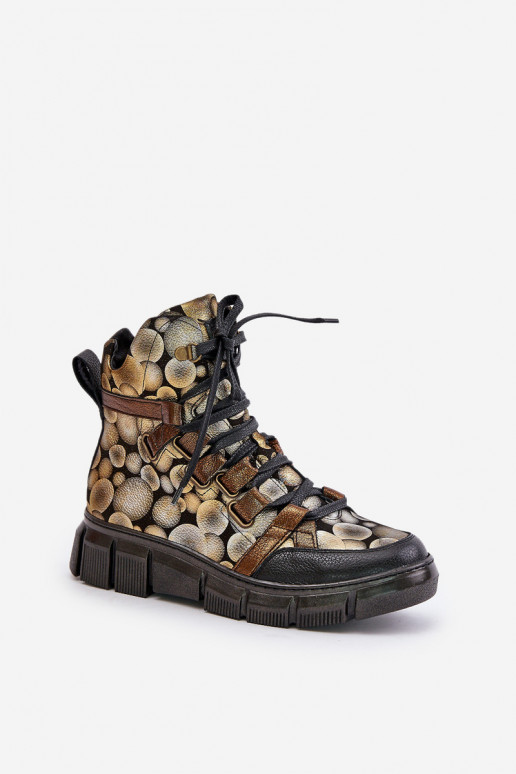 Leather Flat Lace-Up Ankle Boots Maciejka 06158-25 Gold Leather Flat Lace-Up Ankle Boots Maciejka 06158-25 Gold