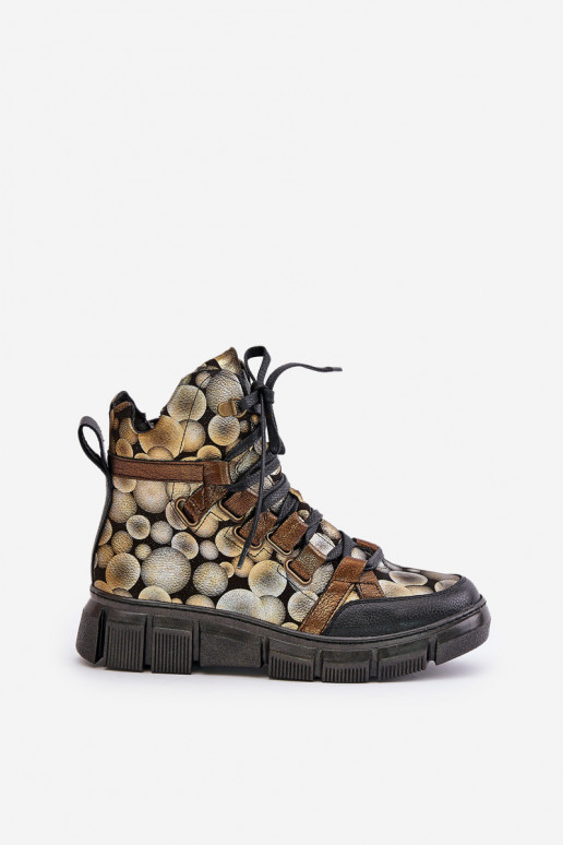 Leather Flat Lace-Up Ankle Boots Maciejka 06158-25 Gold Leather Flat Lace-Up Ankle Boots Maciejka 06158-25 Gold