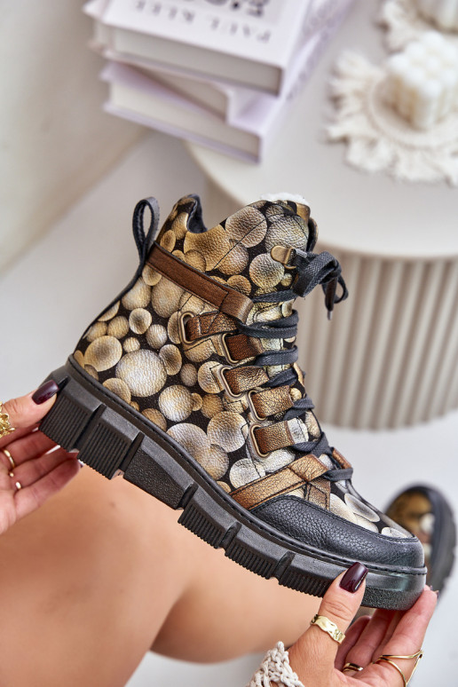 Leather Flat Lace-Up Ankle Boots Maciejka 06158-25 Gold Leather Flat Lace-Up Ankle Boots Maciejka 06158-25 Gold