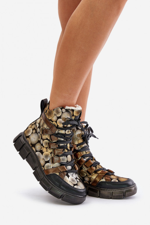 Leather Flat Lace-Up Ankle Boots Maciejka 06158-25 Gold Leather Flat Lace-Up Ankle Boots Maciejka 06158-25 Gold