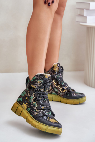 Leather Flat Lace-Up Ankle Boots Maciejka 06158-07 Yellow-Black 2