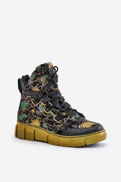 Leather Flat Lace-Up Ankle Boots Maciejka 06158-07 Yellow-Black Leather Flat Lace-Up Ankle Boots Maciejka 06158-07 Yellow-Black