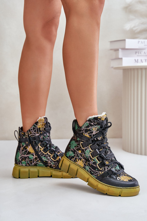 Leather Flat Lace-Up Ankle Boots Maciejka 06158-07 Yellow-Black Leather Flat Lace-Up Ankle Boots Maciejka 06158-07 Yellow-Black