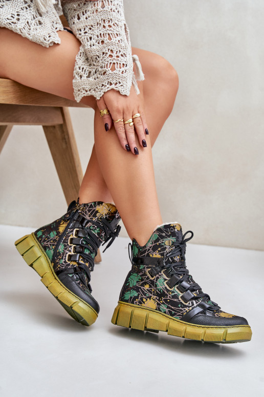 Leather Flat Lace-Up Ankle Boots Maciejka 06158-07 Yellow-Black Leather Flat Lace-Up Ankle Boots Maciejka 06158-07 Yellow-Black