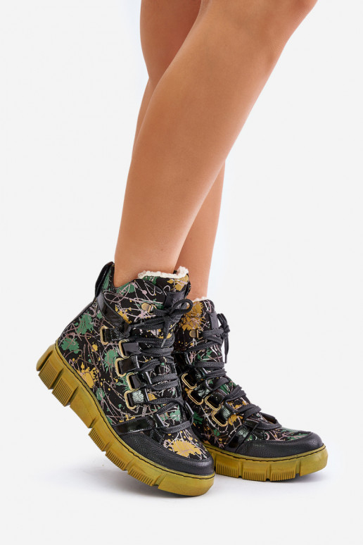 Leather Flat Lace-Up Ankle Boots Maciejka 06158-07 Yellow-Black Leather Flat Lace-Up Ankle Boots Maciejka 06158-07 Yellow-Black