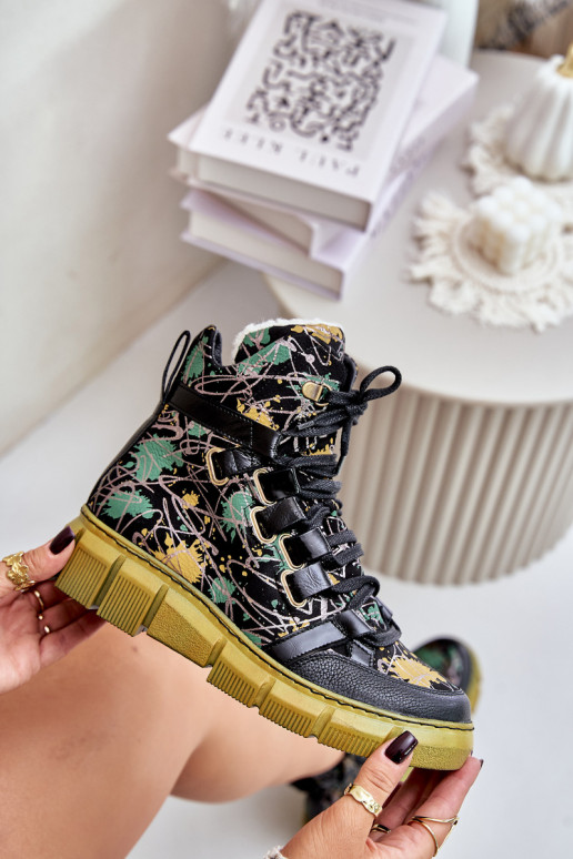 Leather Flat Lace-Up Ankle Boots Maciejka 06158-07 Yellow-Black Leather Flat Lace-Up Ankle Boots Maciejka 06158-07 Yellow-Black