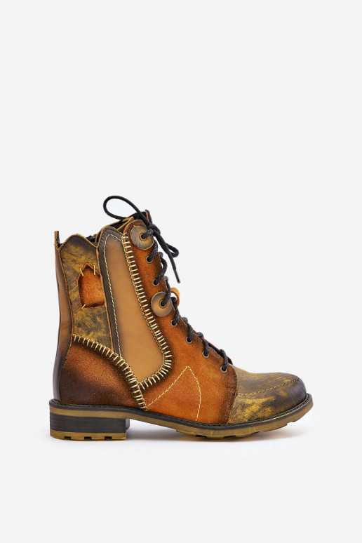 Skórzane Botki Damskie Na Płaskim Obcasie Maciejka 06719-07 Żółte