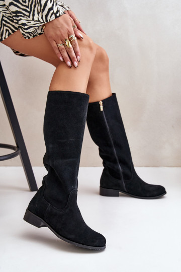 Suede Women's Knee-High Boots with Zipper Lewski 3616 Black 2