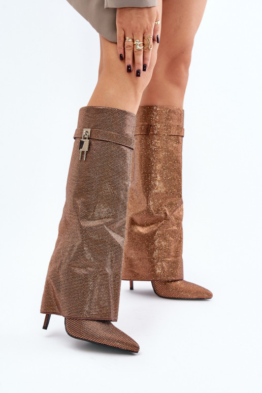 Embellished Slip-On Stiletto Boots with Turned Cuff Brown Enathlin Embellished Slip-On Stiletto Boots with Turned Cuff Brown Enathlin