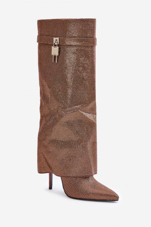Embellished Slip-On Stiletto Boots with Turned Cuff Brown Enathlin Embellished Slip-On Stiletto Boots with Turned Cuff Brown Enathlin