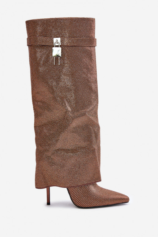 Embellished Slip-On Stiletto Boots with Turned Cuff Brown Enathlin Embellished Slip-On Stiletto Boots with Turned Cuff Brown Enathlin