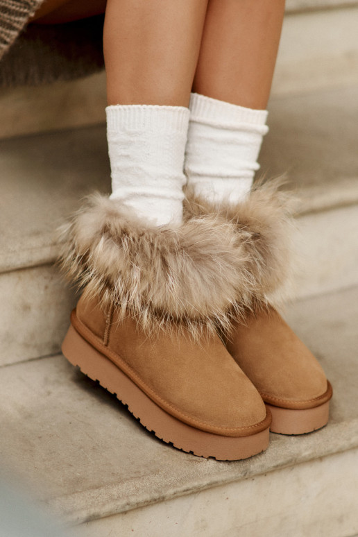Leather Snow Boots On A Platform With Fur Camel Avirisa Leather Snow Boots On A Platform With Fur Camel Avirisa