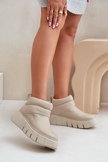 Zazoo 60470 Skórzane Botki Ocieplane Wełną Na Platformie Jasnobeżowe