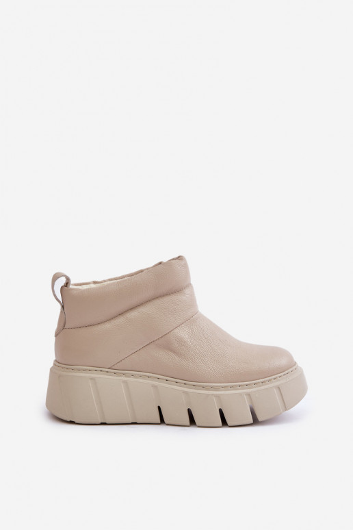 Zazoo 60470 Skórzane Botki Ocieplane Wełną Na Platformie Jasnobeżowe