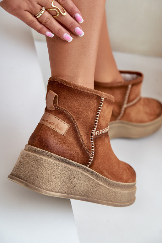 Skórzane Zamszowe Śniegowce Botki Na Platformie I Koturnie Maciejka 06769-29 Brązowe