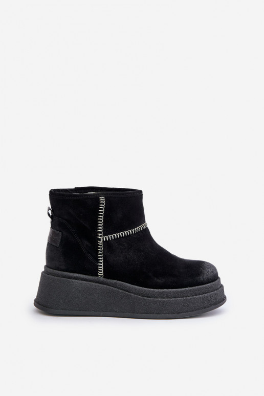 Skórzane Zamszowe Śniegowce Botki Na Platformie I Koturnie Maciejka 06769-01 Czarne