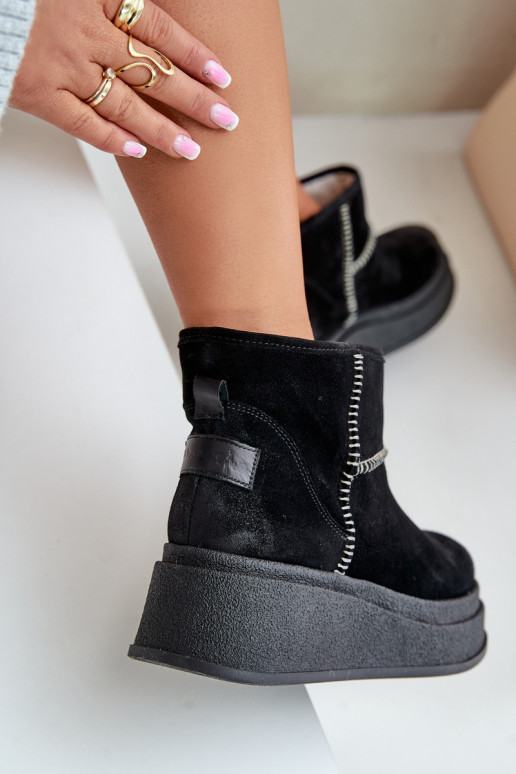 Skórzane Zamszowe Śniegowce Botki Na Platformie I Koturnie Maciejka 06769-01 Czarne