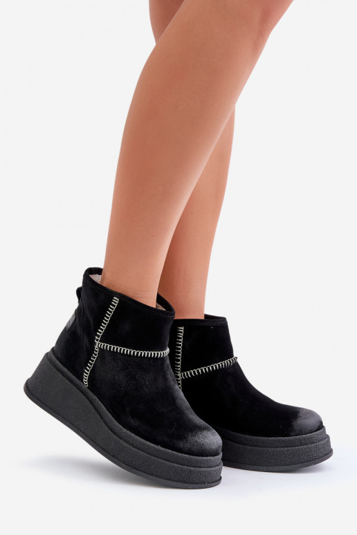 Skórzane Zamszowe Śniegowce Botki Na Platformie I Koturnie Maciejka 06769-01 Czarne