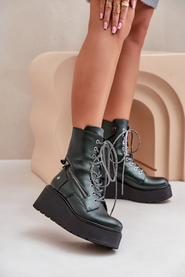 Leather Ankle Boots Workers On Platform And Wedge Maciejka 06676-09 Green 2