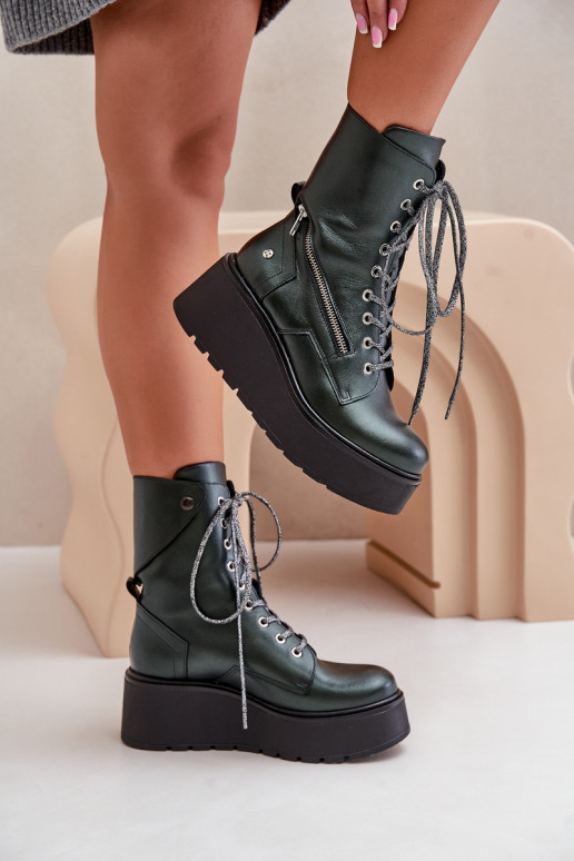 Leather Ankle Boots Workers On Platform And Wedge Maciejka 06676-09 Green