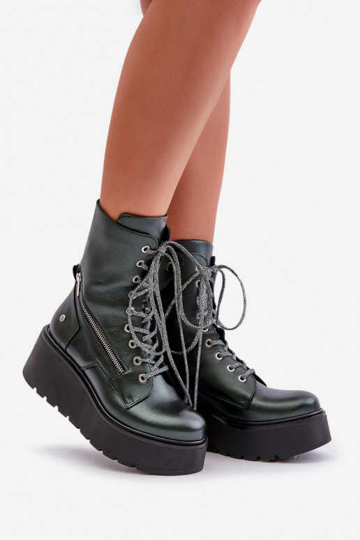 Skórzane Botki Workery Na Platformie I Koturnie Maciejka 06676-09 Zielone