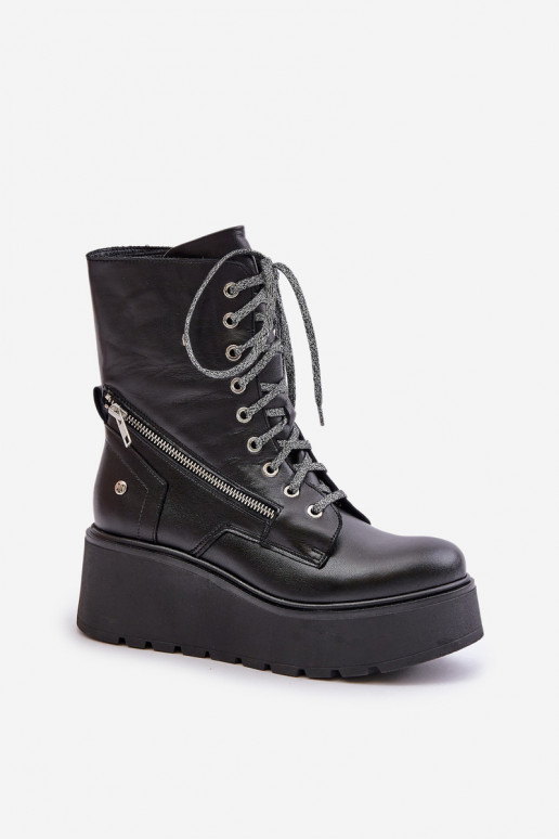 Leather Worker Ankle Boots On Platform And Wedge Maciejka 06676-01 Black Leather Worker Ankle Boots On Platform And Wedge Maciejka 06676-01 Black