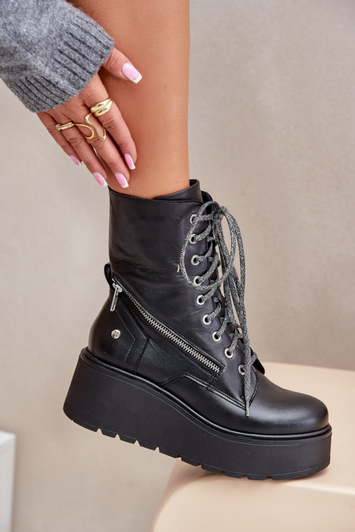 Skórzane Botki Workery Na Platformie I Koturnie Maciejka 06676-01 Czarne