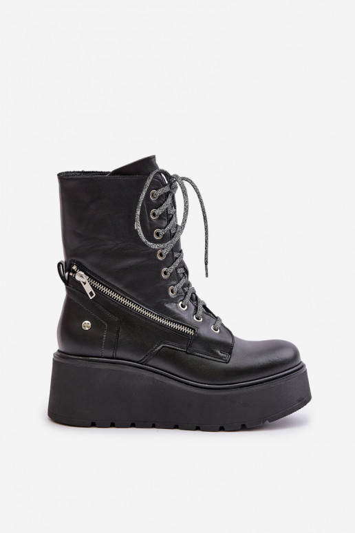 Skórzane Botki Workery Na Platformie I Koturnie Maciejka 06676-01 Czarne