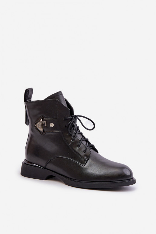 Skórzane Botki Na Płaskim ObcasiewithOzdobą Ocieplane Maciejka N3115-01 Czarne