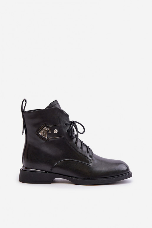 Leather Ankle Boots With Flat Heel Decorated Warm Maciejka N3115-01 Black Leather Ankle Boots With Flat Heel Decorated Warm Maciejka N3115-01 Black