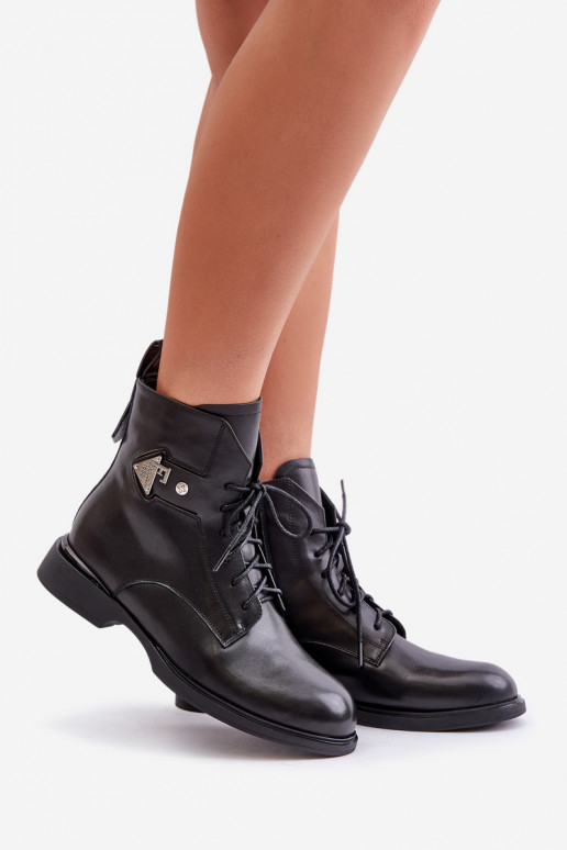 Skórzane Botki Na Płaskim ObcasiewithOzdobą Ocieplane Maciejka N3115-01 Czarne