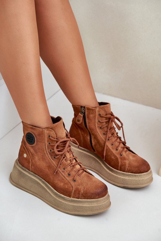 Zamszowe Botki Na Masywnej Platformie Maciejka 06309-29 Brązowe